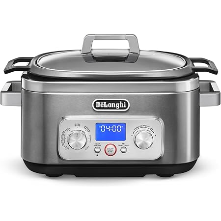 DeLonghi Livenza Multi-Cooker, Stainless Steel - 6 qt - Crock Pot Slow Cooker - 24-Hour Programmability & Seven Modes - Includes Non-Stick Dishwasher-Safe Pot, Steam Rack & Glass Lid
