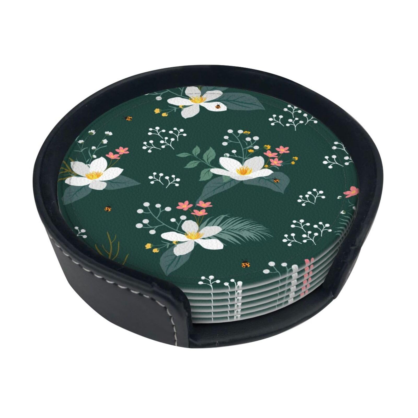 Floral Pattern Print Round Coasters Set Of 6,Coaster For Tabletop Protection Home Bar Decor