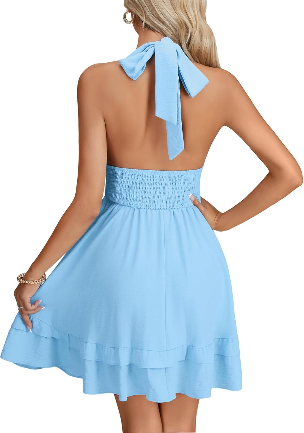 LYANER Women's Halter Deep V Neck Backless Ruffle A Line Sleeveless Shirred Sexy Mini Dress - Image 5