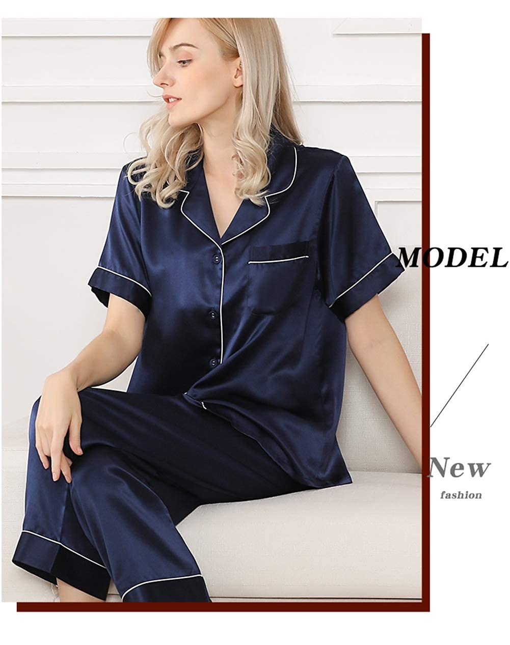 Women's 100 Silk Pajama Set Short Sleeve + Long Pants Pajamas