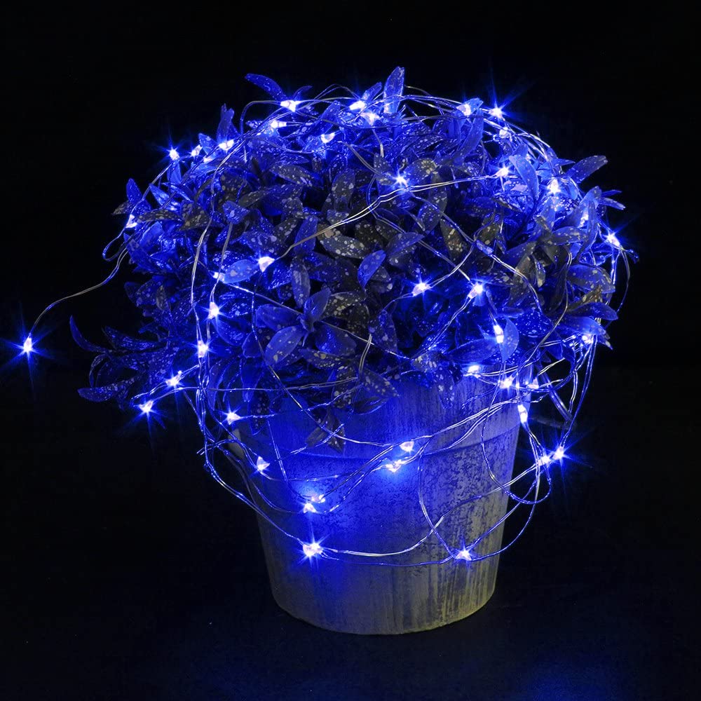 Paquete de 10 luces de hadas con pilas de 2 m, 20 luces LED de cadena de luces estrelladas de alambre plateado para bricolaje, boda, fiesta, festival, Halloween, Navidad (azul)