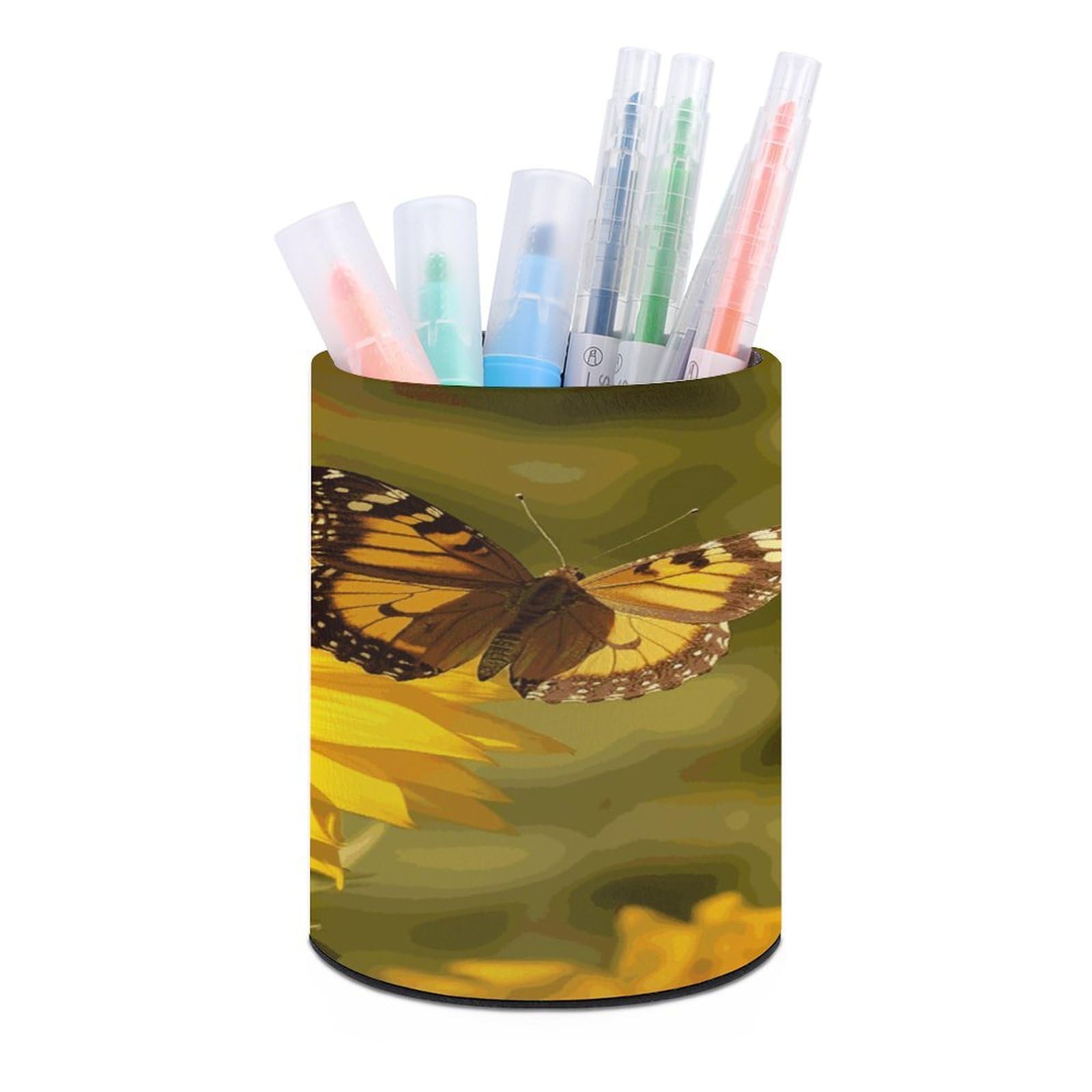LDGSUPH Sunflower Butterfly Sunny Round Pen Holder Leather Pen Cup Pencil Cup Pen Organizer Pencil Holder for Desk Organizer Pencil Organizers Makeup Brush Holders for Home Office Gift
