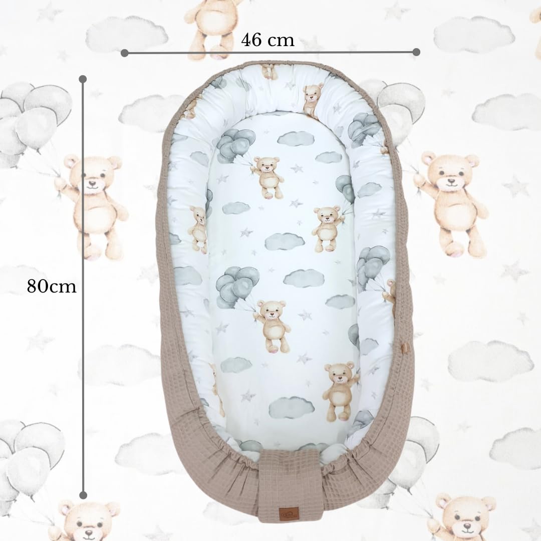 WIKLINOPOL Babynest Nestchen für Neugeborene aus Baumwolle und Waffelbaumwolle – Baby Nestchen 80x46 cm, Tragbares Nest mit Herausnehmbarer Matratze,(Beige)