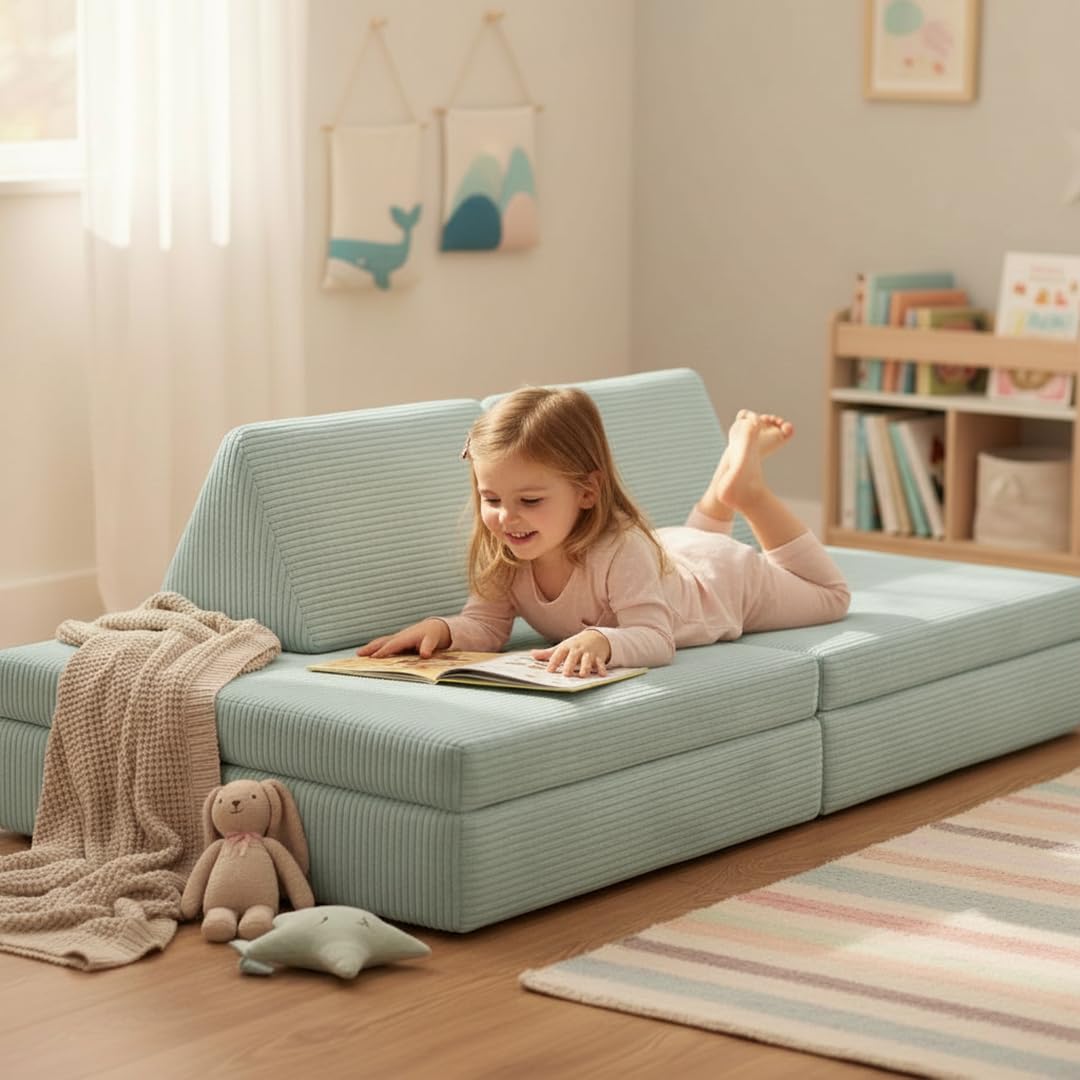 Bellabino Nile Spielsofa Maxi 4-TLG. für Kinder – Kindersofa Cord in Türkis – Spielesofa Schaumstoff Bausteine – modulare Kindercouch ausklappbar mit waschbarem Bezug – Sofa Kinderzimmer Kuschelecke