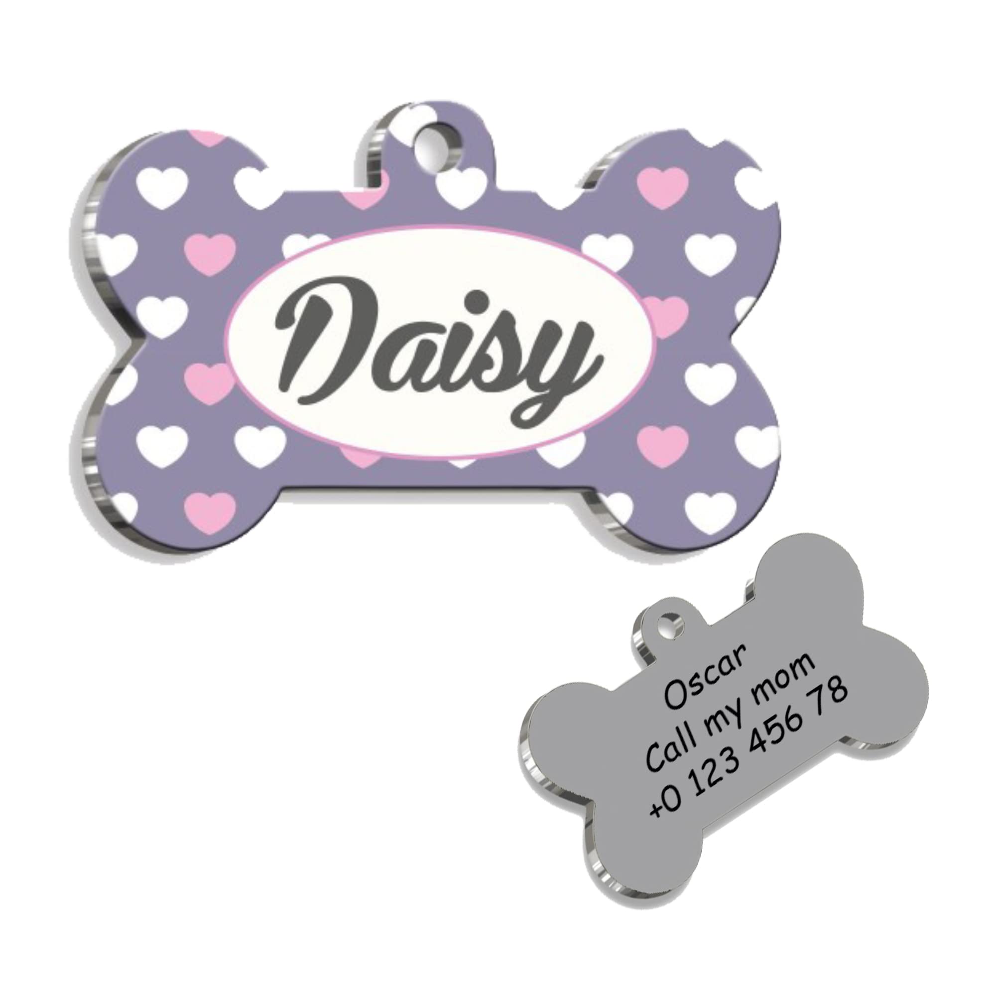 Purple Pink Hearts Bone Personalized Dog Tag - Custom Name Tag - ID Tag for Dog & Cat - Customized Pet Tags - Dog Name Tag - Cat Name Tag - Engraved Dog Tag