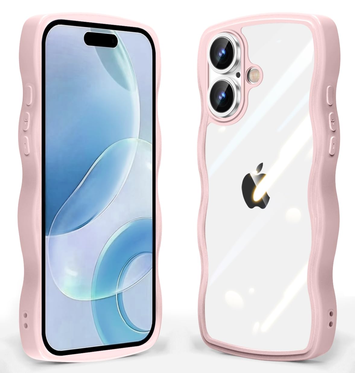 iPhone 16 用 ケース クリア 波状フレーム 耐衝撃 アイフォン 16 用 スマホケース かわいい 人気 可愛い 女性用 カバー 滑り止め ワイヤレス充電対応 ストラップホール付き ストラップ1種付き (ピンク)