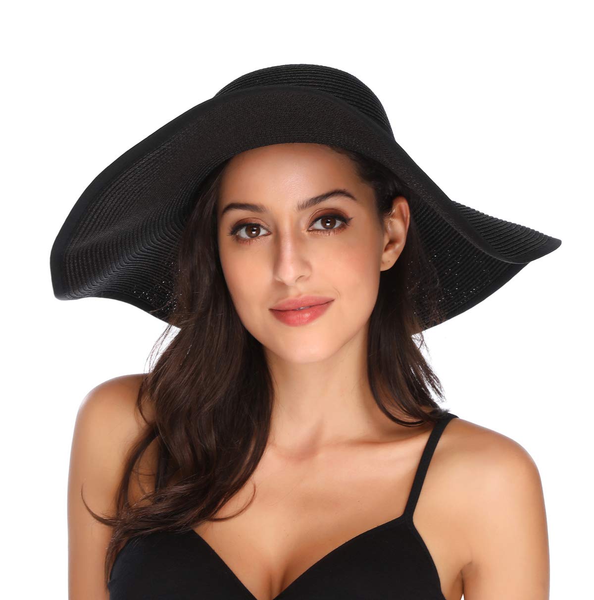 Lanzom Womens Sun Straw Hat Wide Brim Summer Hat Foldable Roll up Large Floppy Beach Hats, Style C-black, One Size - Image 4