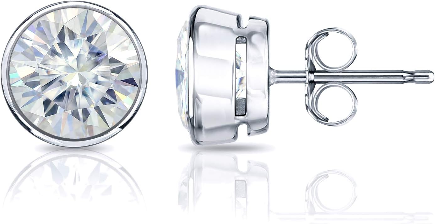 14k Gold Round Moissanite Stud Earrings (1 to 7ct TGW, J-K) Bezel-set, Push-Back by Diamond Wish