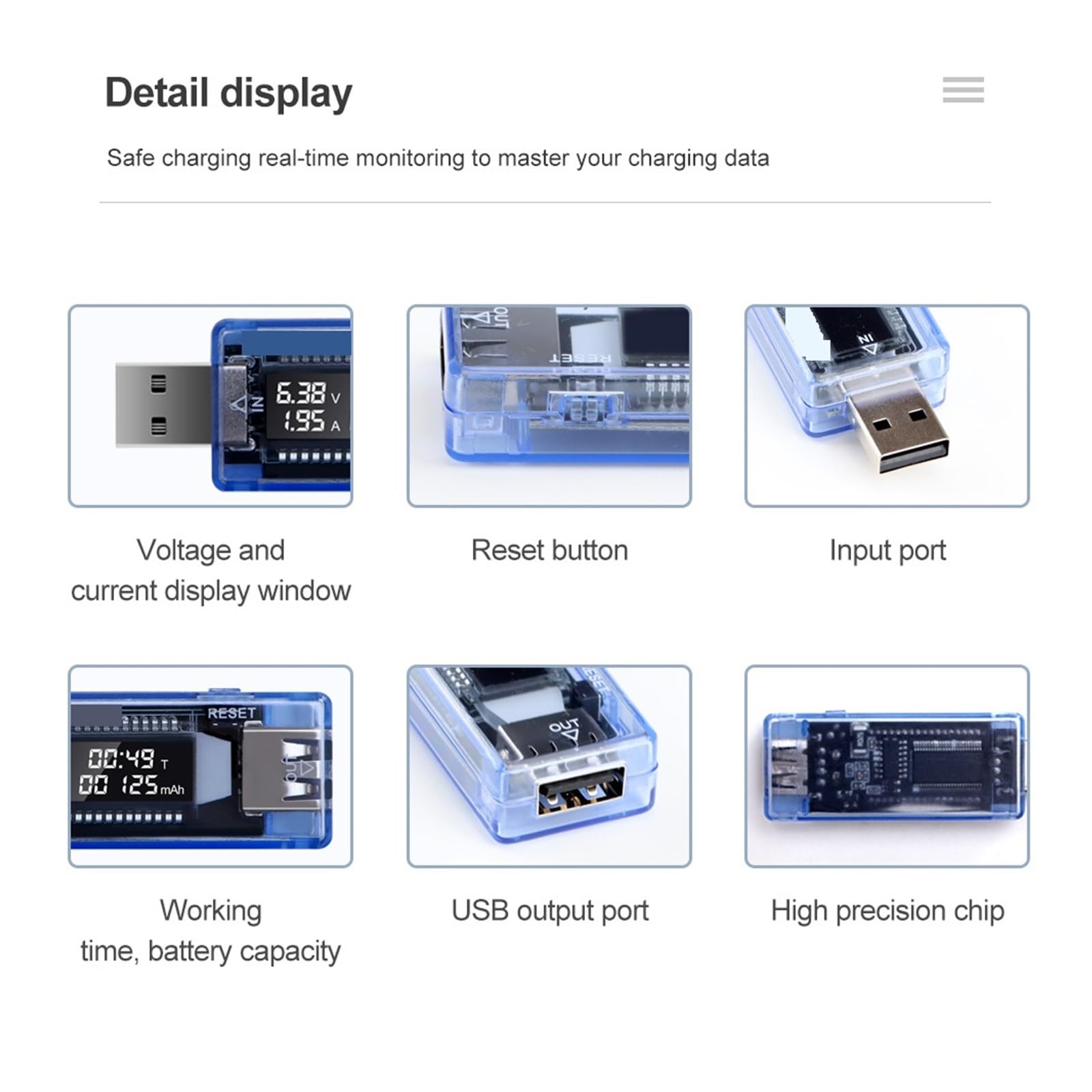 Amperomierz USB, 30 sztuk/zestaw Tester USB Tester napięcia prądu Tester pojemności ładowarki Volt Miernik napięcia prądu ny wykrywacz zasilania Test baterii(Blauw)