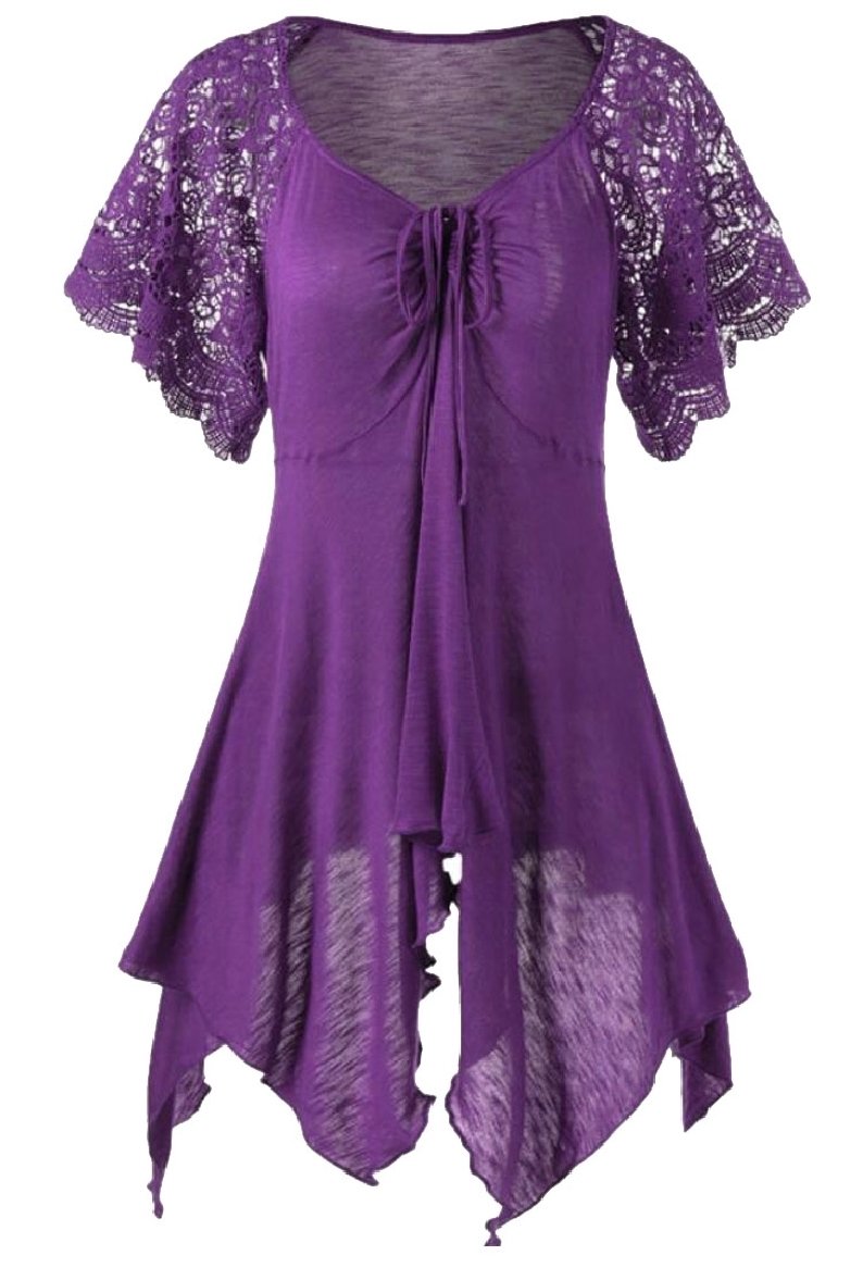 Qiangjinjiu Women's Bandage High Waist Short Sleeve Lace Patchwork Irregular Mini Dresses