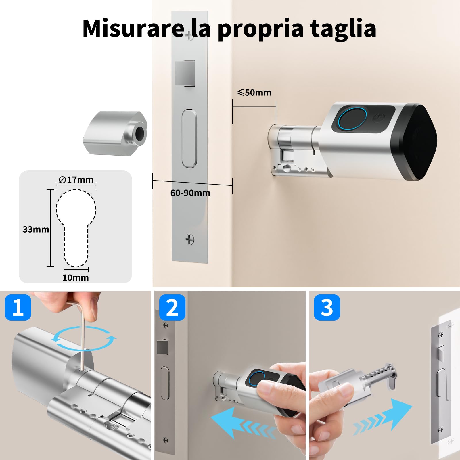 Serratura smart, serratura elettrica porta blindata con impronta digitale, lunghezza regolabile serratura elettrica con scheda RFID, app, WiFi, Bluetooth, 60–90 mm, accessori di prolunga, argento