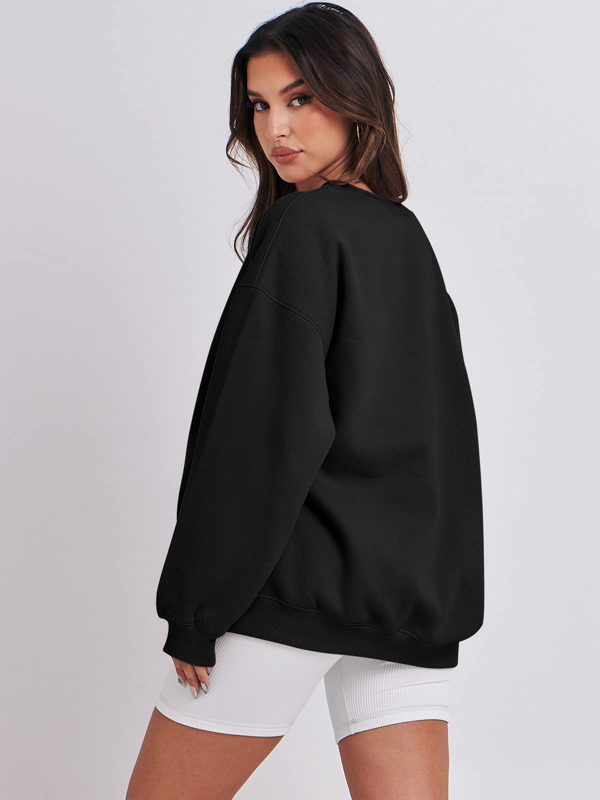 Damskie bluzy oversize bluzy z kapturem polar okrągły dekolt sweter top codzienne jesienne stroje preppy ubrania nastolatki 2024 A1019 światło, Jeden kolor, Black_X-Small