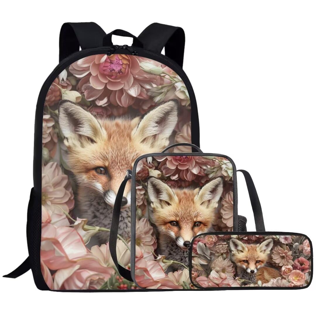 Beauty Collector Gold Flower Fox School Bag Backpack for Kids with Lunch Box and Pencil Case