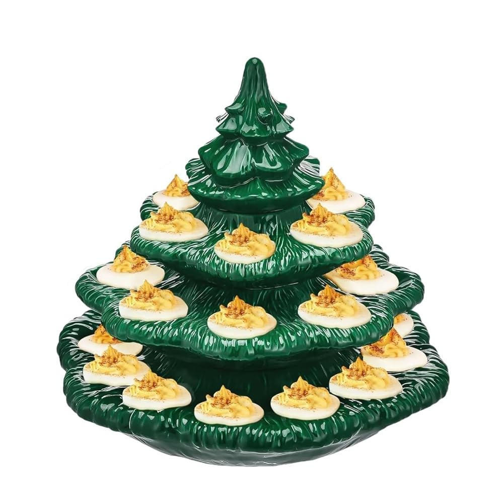 CTRLZS Reusable Holiday Deviled Egg Platter, Christmas Tree Deviled Egg Trays with Lid, Oval Tray for Christmas