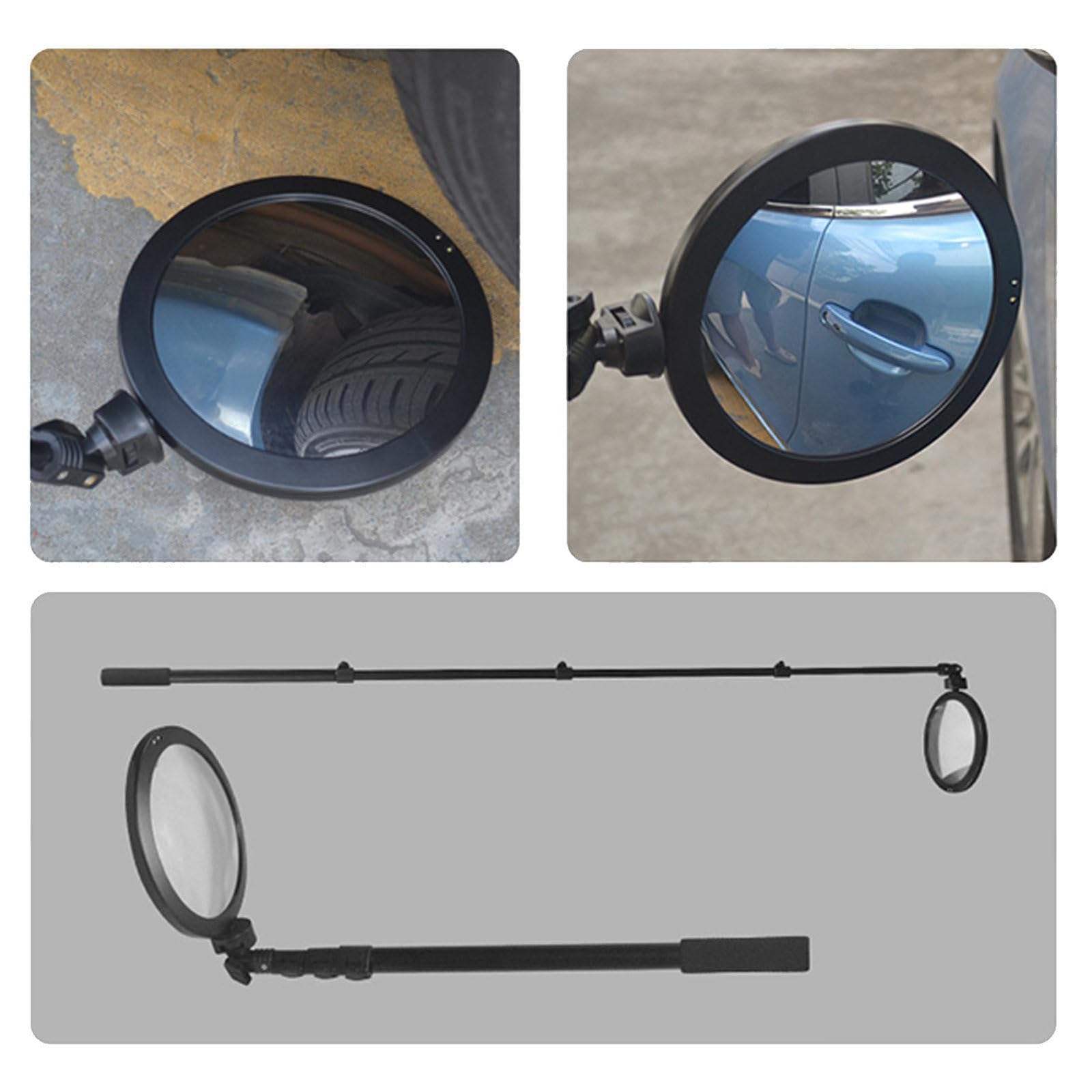 Espejo De Inspección para Vehículos, 2 Espejos De Seguridad Redondos De Acrílico con Ruedas Y Luz Led, Varilla Ajustable De 52 A 160 Cm.