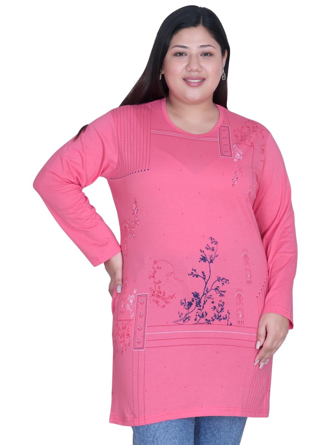 Women Cotton Round Neck Full Sleeves T-Shirt, Night, Sleep, Daily Use Gym n Lounge Wear Long Tops with Pocket for Ladies
