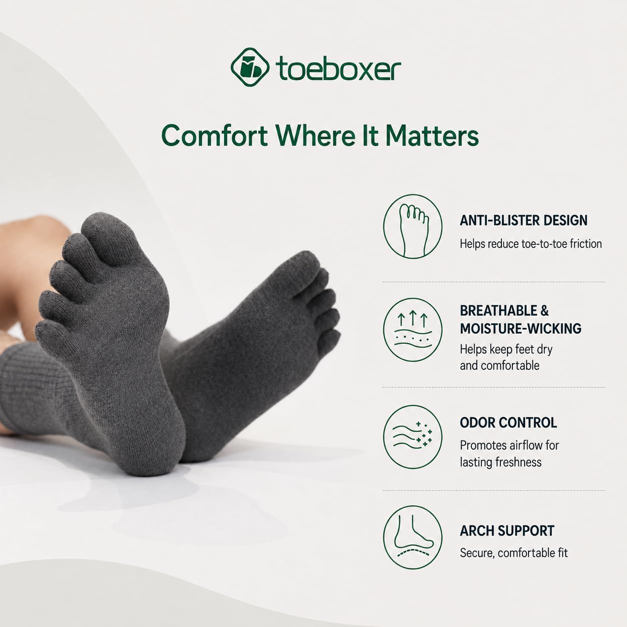 Men's Five Toe Crew Socks, Long-Staple Cotton, Breathable Toe Separation Design, US 8-13, Assorted Colors, 3 Pairs