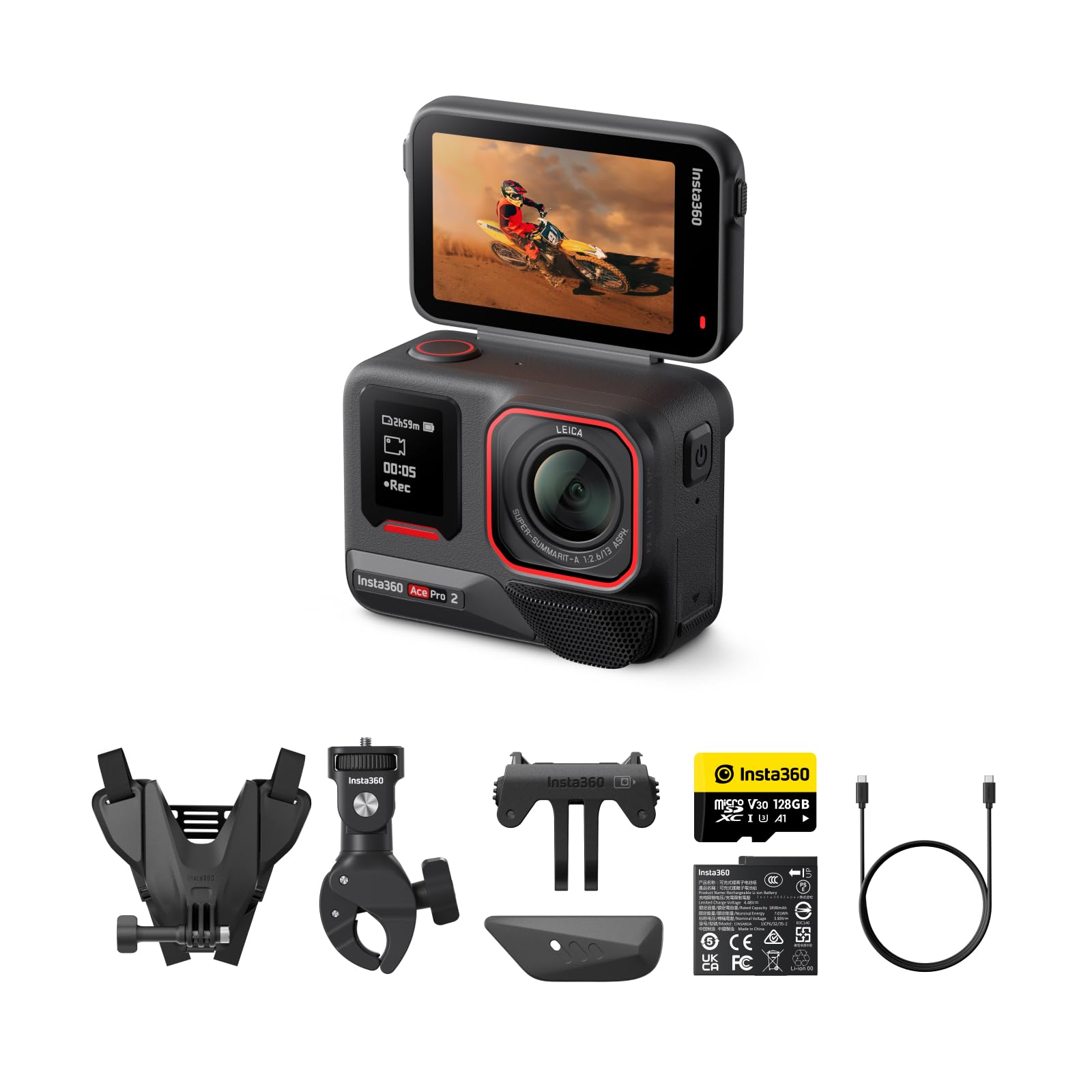 Insta360 Ace Pro 2 Pack Moto - Action Cam Impermeabile in 8K co-ingegnerizzata con Leica, sensore 1/1.3", doppio chip IA, superba in bassa luce, audio superiore.