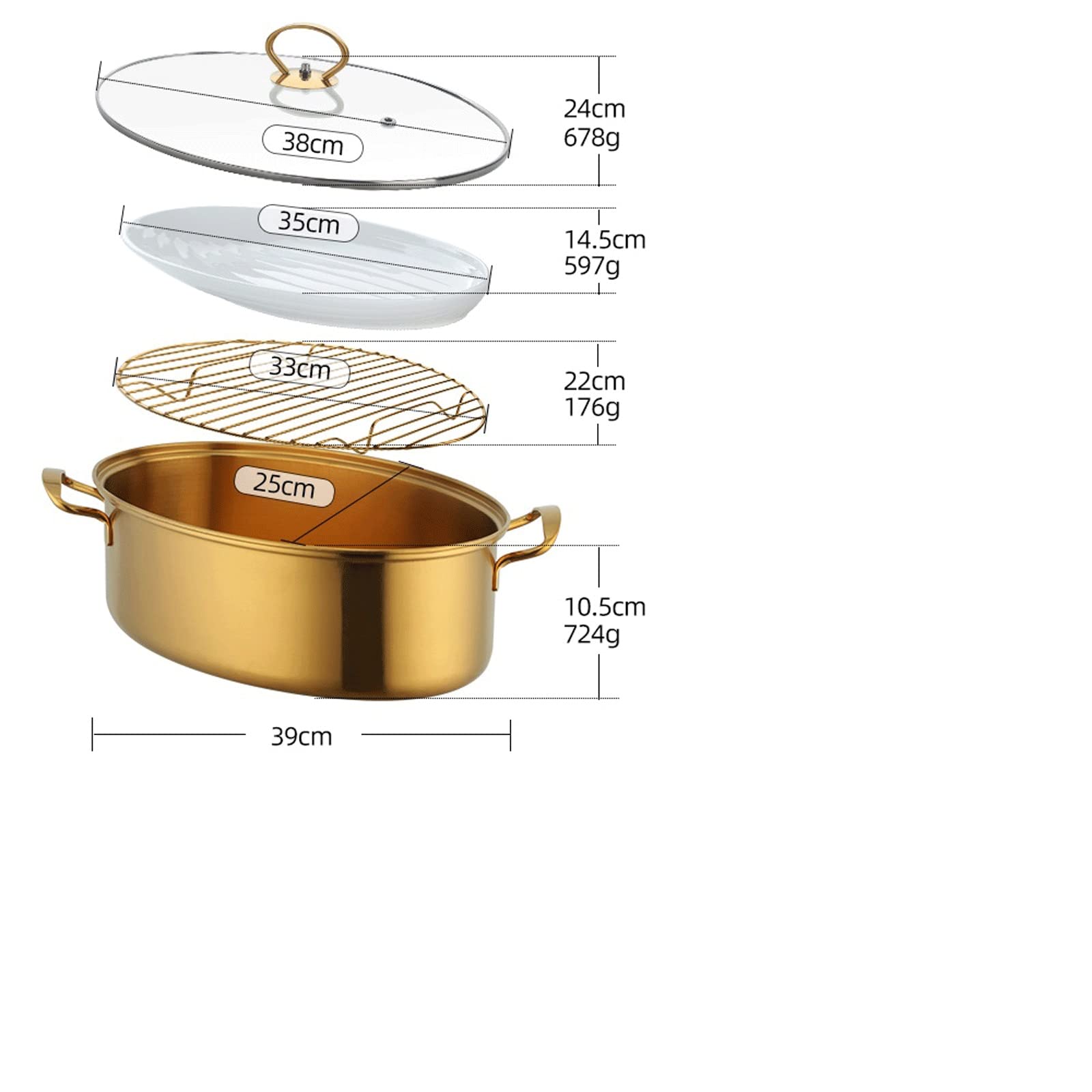 Olla para Sopa Olla para Cocer Pescado Ovalada De Acero Inoxidable Mango Chapado en Titanio Olla para Cocer Pescado De Gran Capacidad De Una Sola Capa Cocina De Inducción Universal