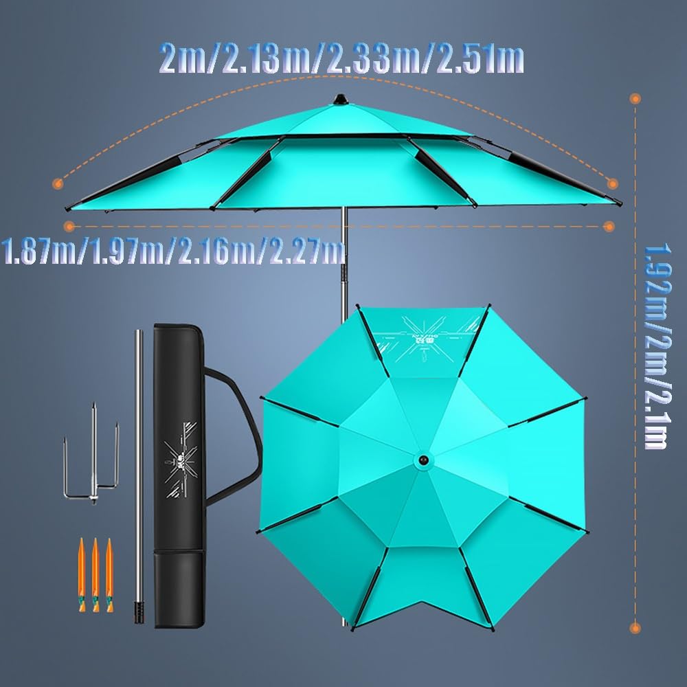 Parapluie de pêche d'extérieur avec protection UV, coupe-vent, portable, 2,6 m, inclinable, inclinable et réglable