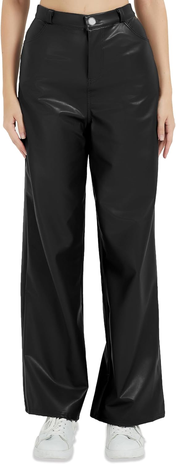 Women's Black Leather Pants - High Waist Faux Leather Straight Leg Bell Bottom Flare Pants - Image 6