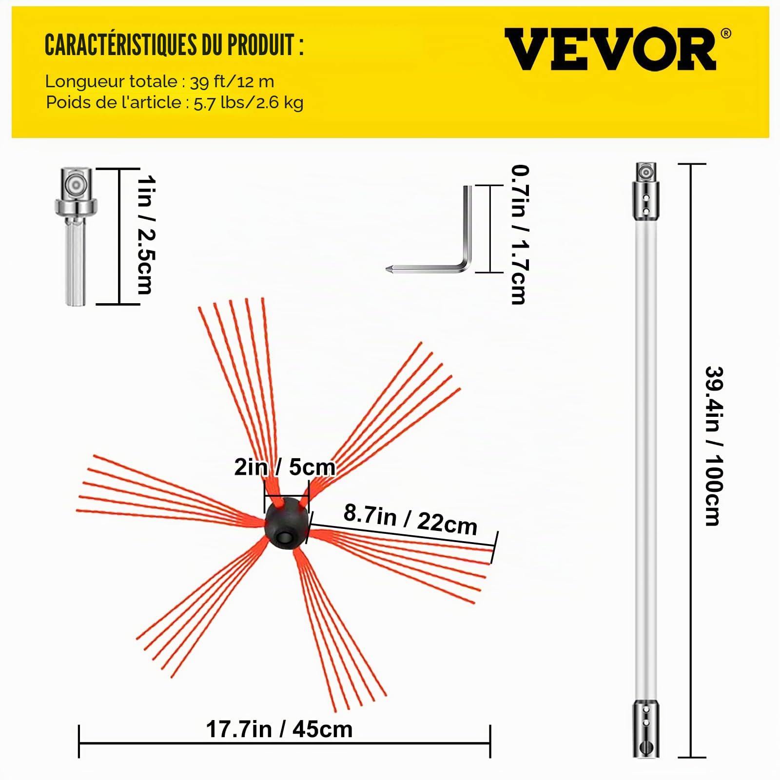 VEVOR Brosse de Cheminée de 12 Mètres Kit de Ramonage avec Une tête de Bross Supplémentaire en Nylon pour Poêle à Pellet pour Nettoyer Cheminées en Métal ou en Brique Blanc