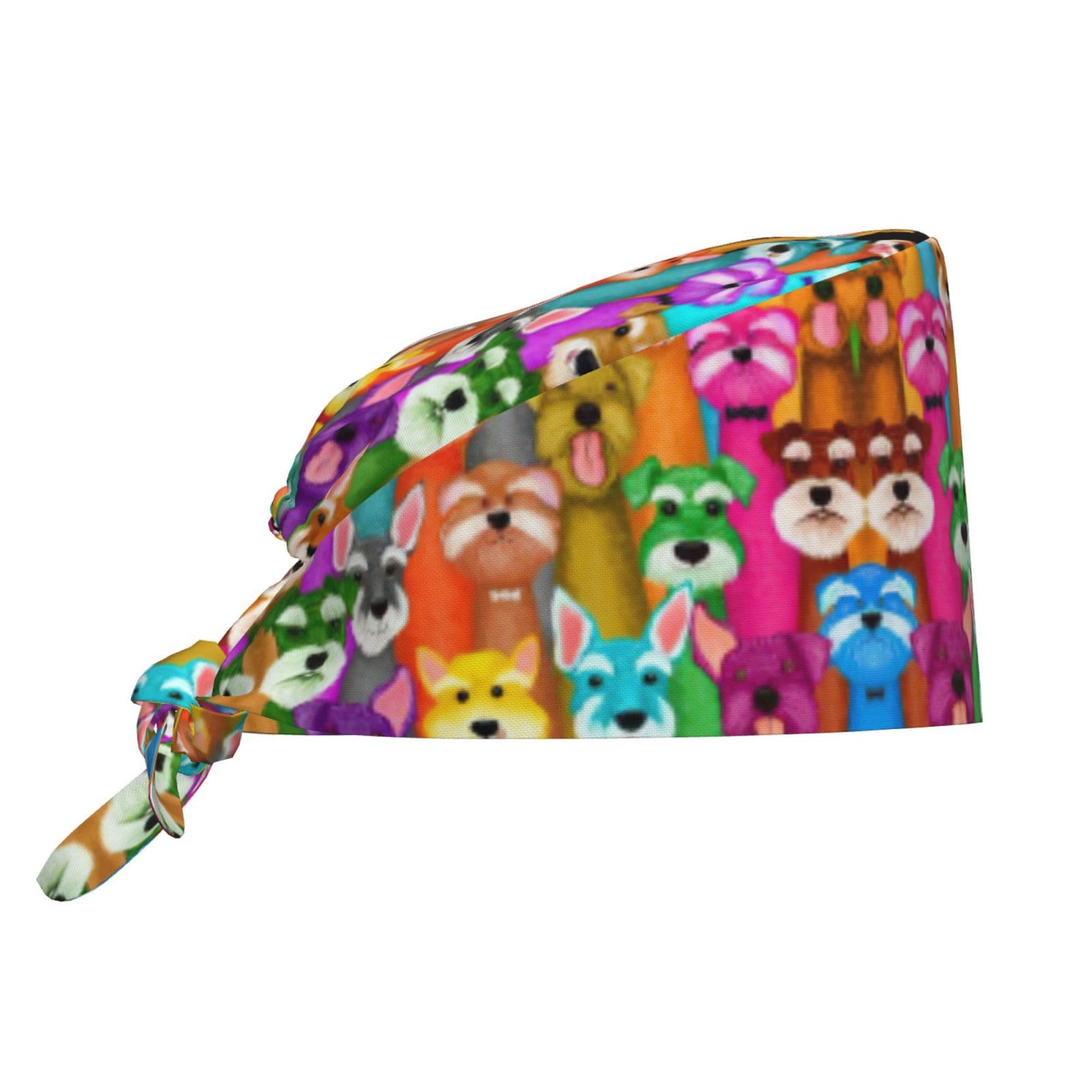 Oil Cute Schnauzer Dogs Print Adjustable Working Cap,Scrub Cap,Working Hat Sweatband,Elastic Tie Back Hats for Women Men