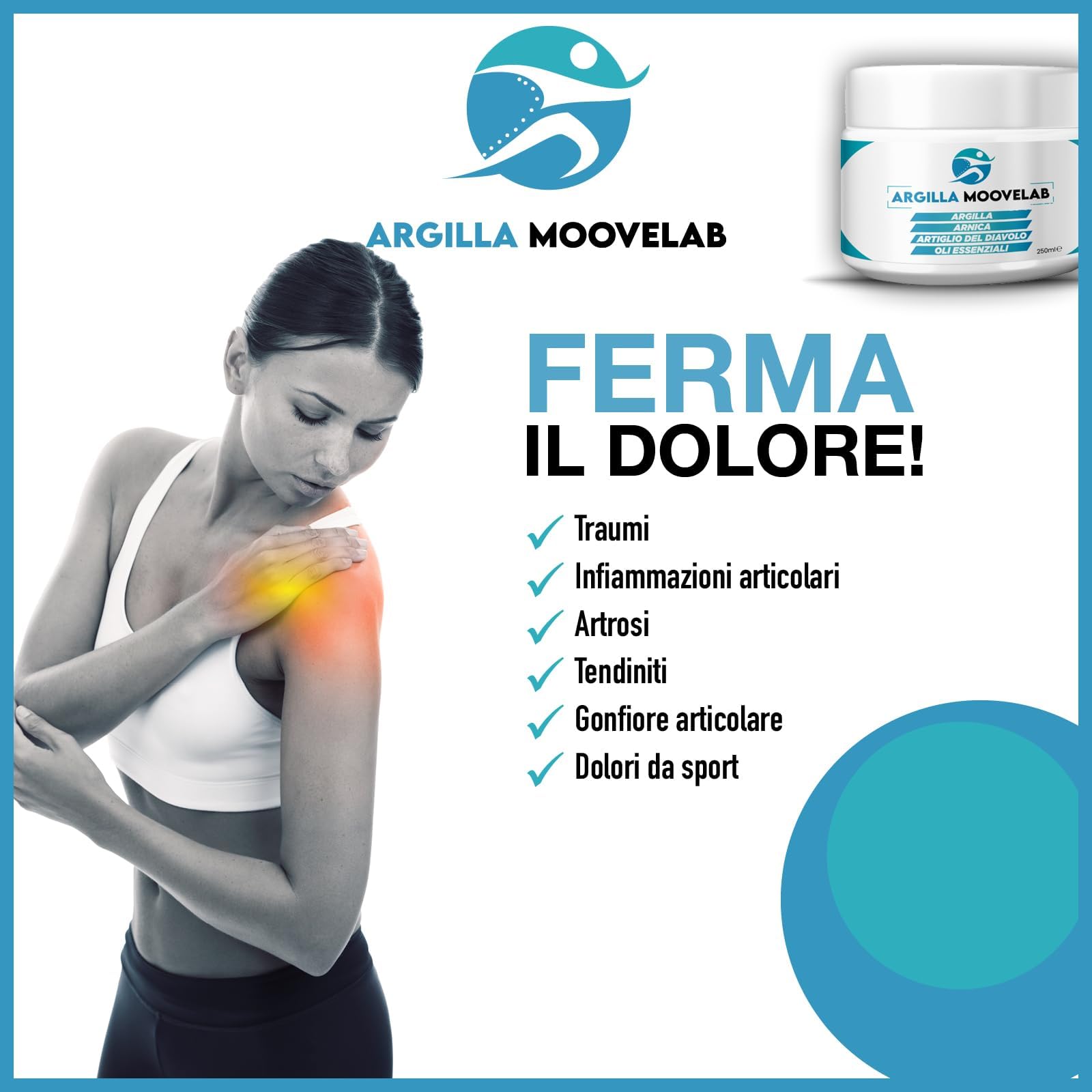 ARGILLA MOOVELAB Argilla Antinfiammatoria con Arnica, Artiglio del Diavolo e Oli Essenziali, Impacco per muscoli e articolazioni, Ideale per massaggio sportivo e recupero muscolare, 250 ml