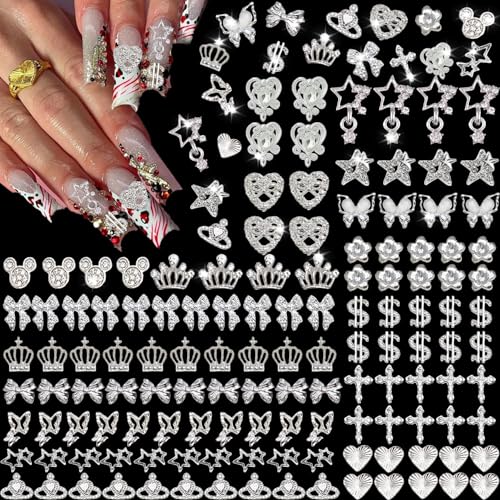 KACHIMOO 128 PCS Silver Nail Charms Nail Gems Silver Rhinestones for Nails 3D Butterfly Bow Star Crown Cross Dollar Heart Shapes Y2K Accessories Nail Decor (17 Styles)