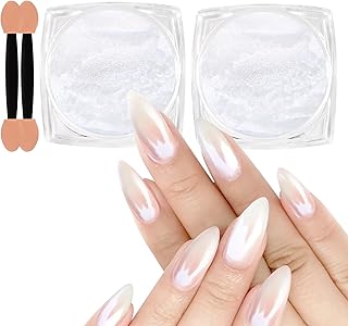 Allstarry White Pearl Chrome Nail Powder, 2pcs Iridescent Aurora Powder Metallic Mirror Effect Glitter Pearlescent Ice Transparent Mermaid Pigment Dust for Gel Polish Nail Art Decoration