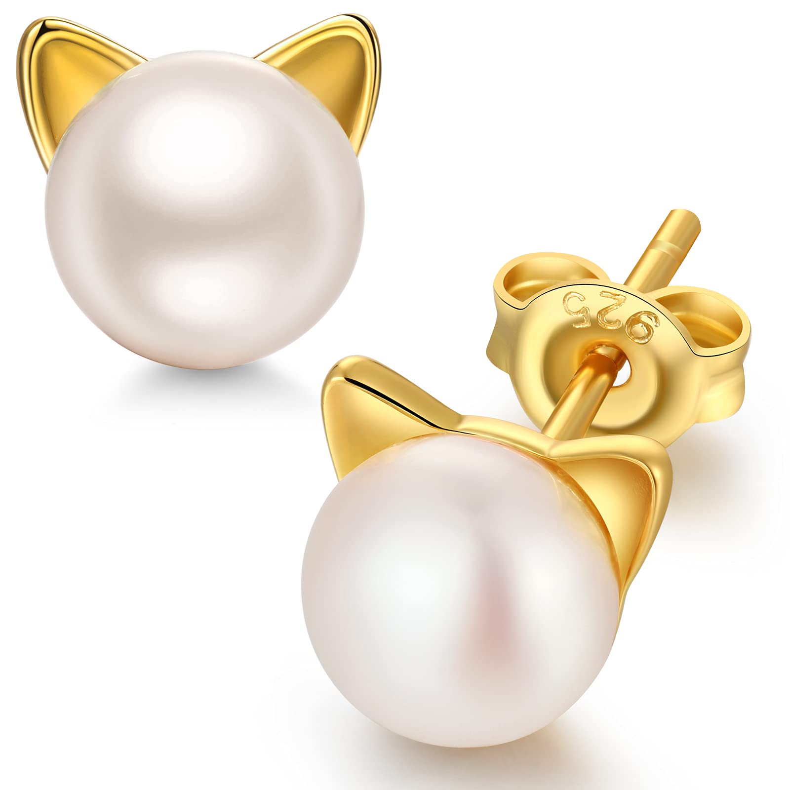 jiamiaoi Pendientes gato mujer plata Pendientes gato perlas para mujer ninas Pendiente mujer plata Pendientes forma gato de perlas 7.5-8mm Aretes de gato perla