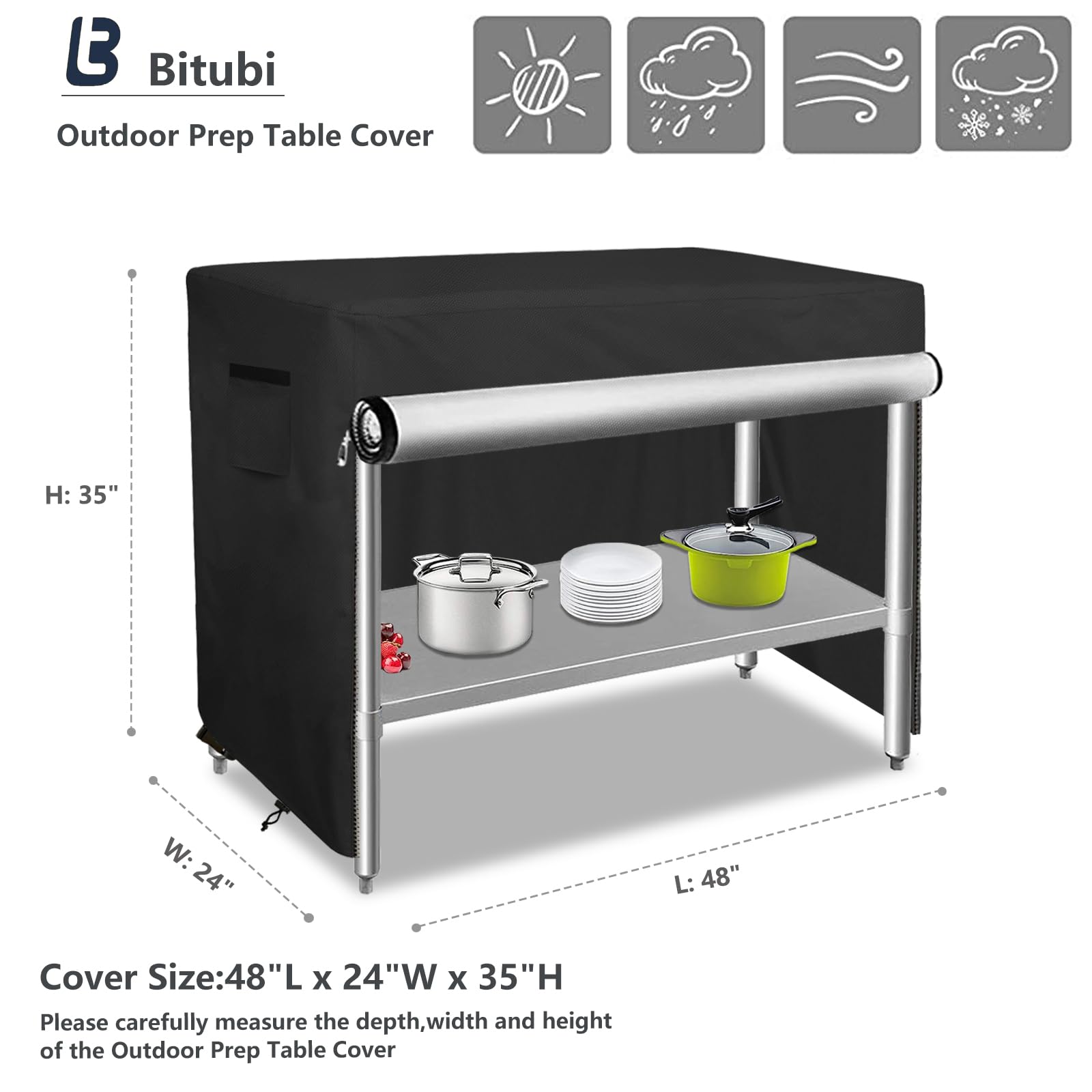 Bitubi 48 Inch Outdoor Prep Table Cover with Split Zipper, Waterproof Stainless Steel Prep & Work Table Cover for Patio Table - 48''L x 24''W x 35''H (Black)
