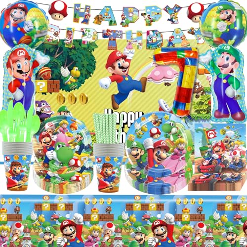 CBLDF Pratos e copos de aniversário Mrio Bros, decoração de aniversário Super Mrio Bros 7 anos, louça descartável Mrio Bros balões faixa caneca guardanapo toalha de mesa fundo de palha (verde rio