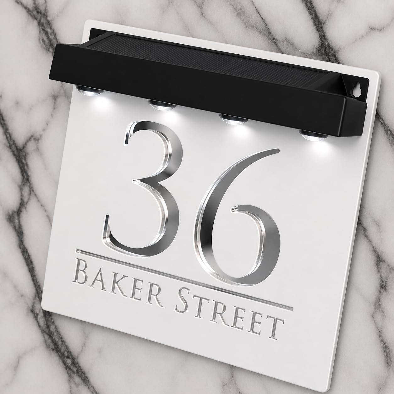 K Smart Sign | Bellissima S1 LED F32 | Square Solar Light House Signs Door Number Plaques With LED Personalised Name Address Sign For Wall With Classic Text (Matt White & Silver Mirror)