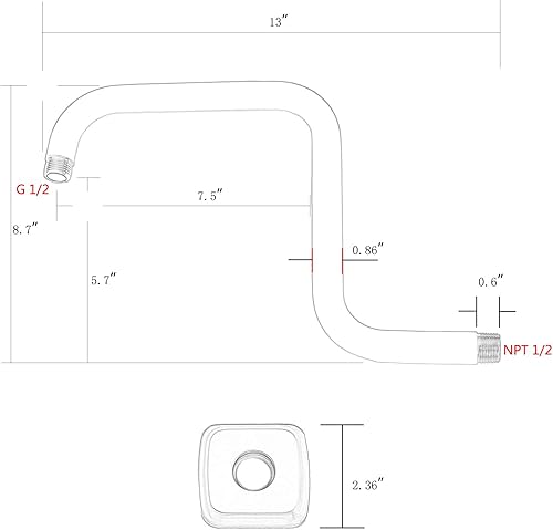 Miniatura 2 de TRUSTMI Brazo de ducha cuadrado con brida de 13 pulgadas, tubo de extensión de repuesto en forma de S para cabezal de ducha tipo lluvia montado en