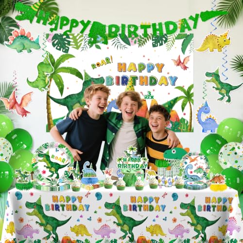 Image of 206Pcs cocomigo Dinosaur Birthday Decorations Tableware Set, 25 Serves