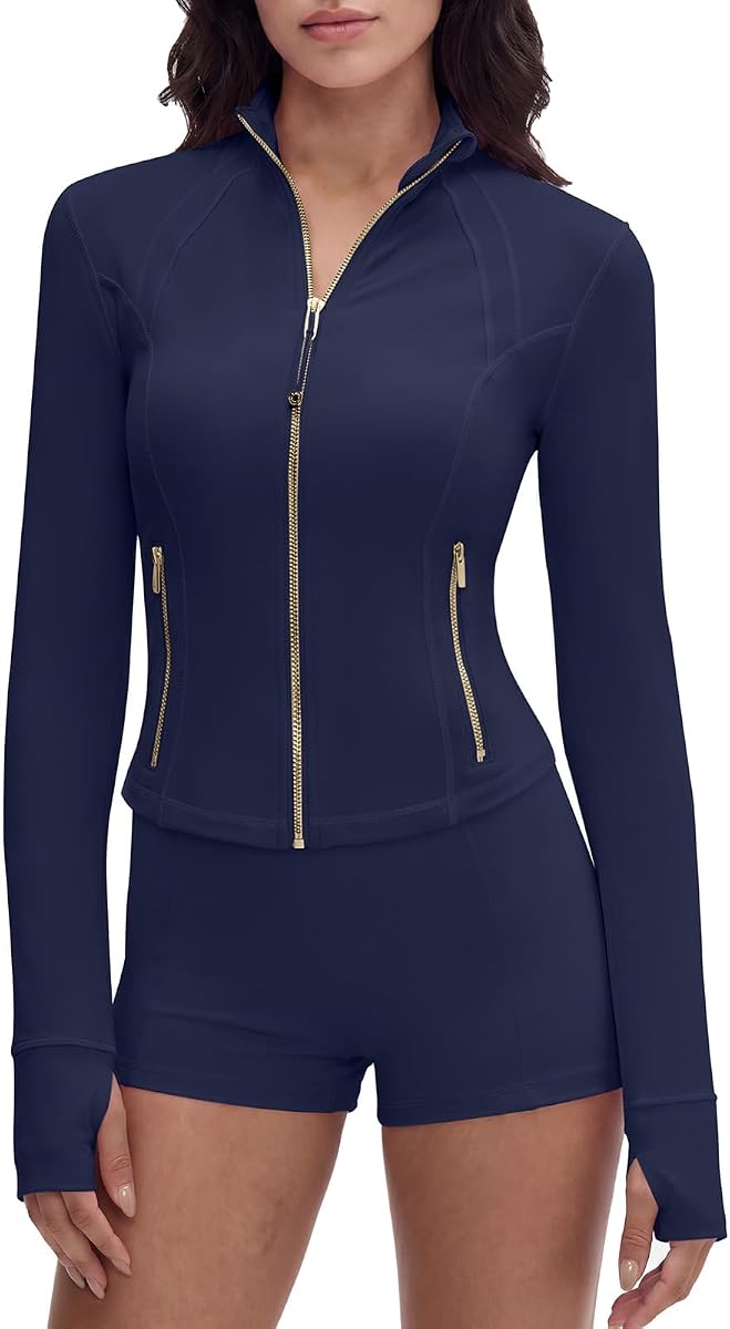 SUUKSESS Chaquetas recortadas ligeras con cremallera dorada para mujer con orificios para los pulgares | Hasta la cintura, Corte ajustado, Cremallera dorada, Chaquetas recortadas, Agujeros para los pulgares, Ligero, Tops de yoga atléticos