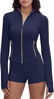 Women Golden Full Zip Up Workout Cropped Jackets Lightweight Athletic Yoga Tops