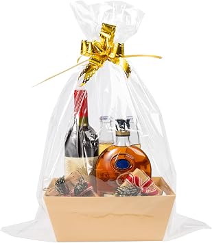 MADHOLLY 6 Set Baskets for Gifts Empty - Sturdy Kraft Gift Basket Kit with Cellophane Wrap and Pull Bows for Housewarming, Wedding Gift Wrapping, Natural Wood Tone
