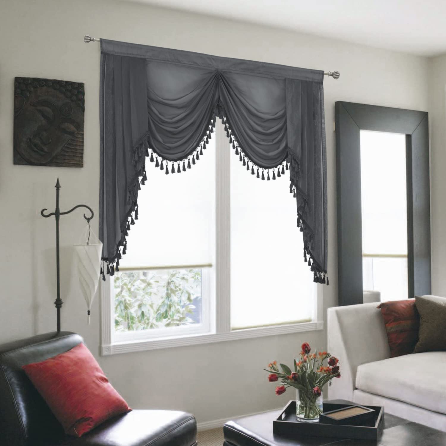 OYRING Grey Waterfall Sheer Window Curtain Valance for Living Room Decor Tassels Swag Curtain Valance for Bedroom Rod Pocket, 1 Panel, Width 59 Inch