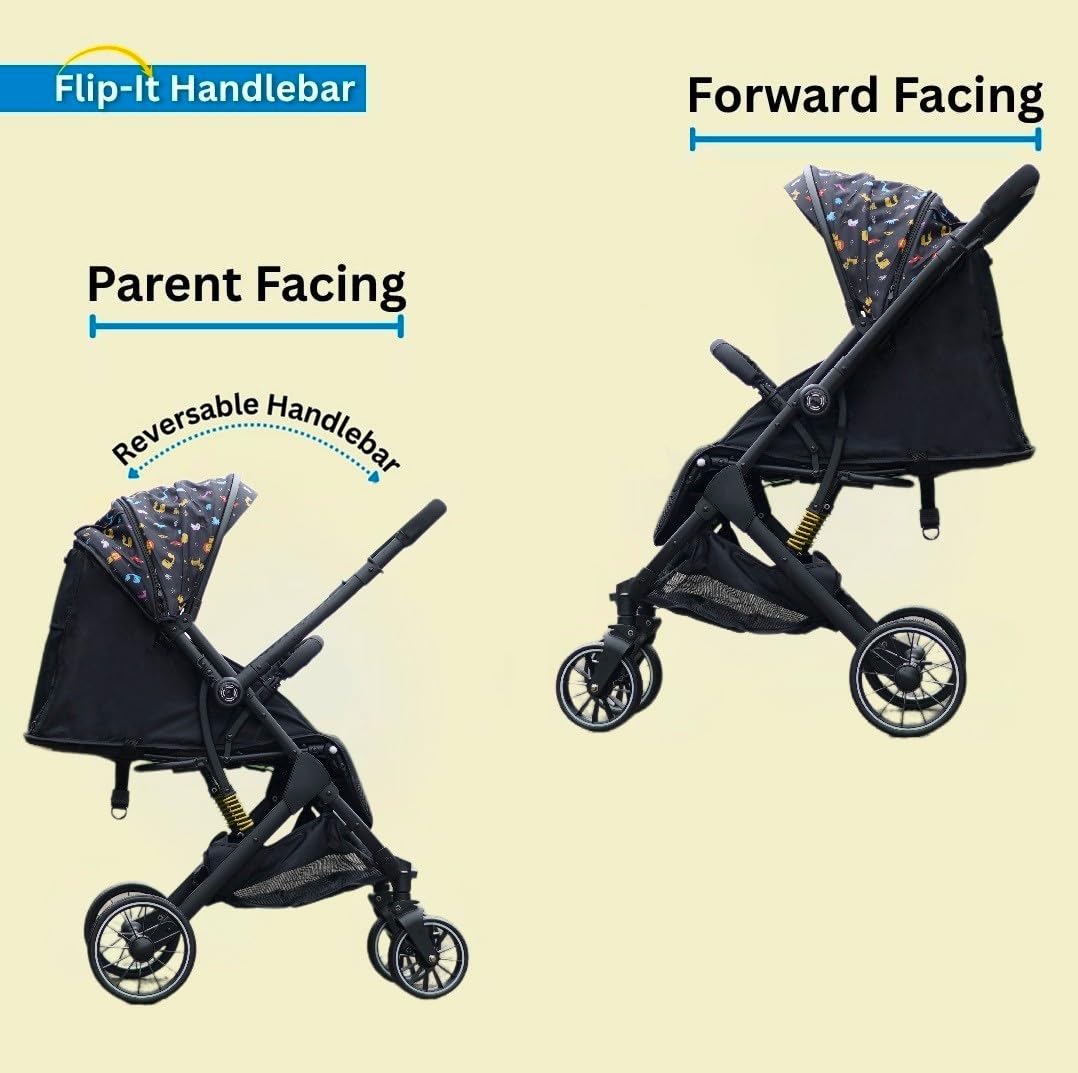 Chipzzie Travel Mate Premium Baby Stroller Pram β Reversible Handle, One-Hand Fold, Full Recline & Suspension | All-Terrain Large Wheels, Travel-Friendly | 5-Point Harness for Newborns to Toddlers 0-3 years (Black, Cartoon Print Canopy) 1