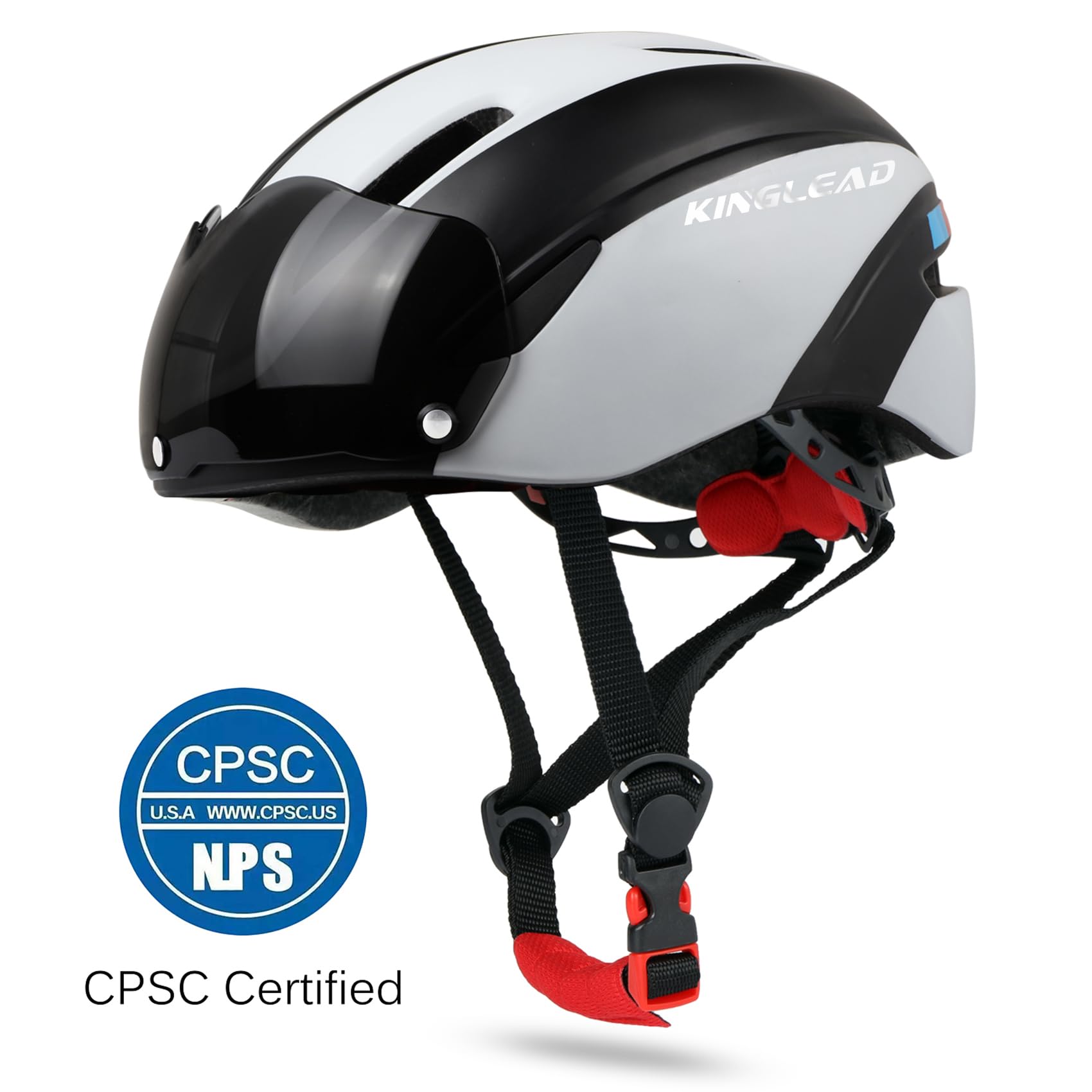 Casco de bicicleta de Kinglead, ajustable, con visor magnético desmontable, certificado CE, Unisex adulto, Negro y blanco