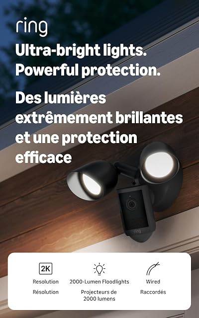 Ring Floodlight Cam, Wired (nouveau modèle), Sécurité de la maison ou des affaires, Rétinal à grande angle 2K Vidéo, 6x Zoom amélioré, Projecteurs ultra-brillants, Noir