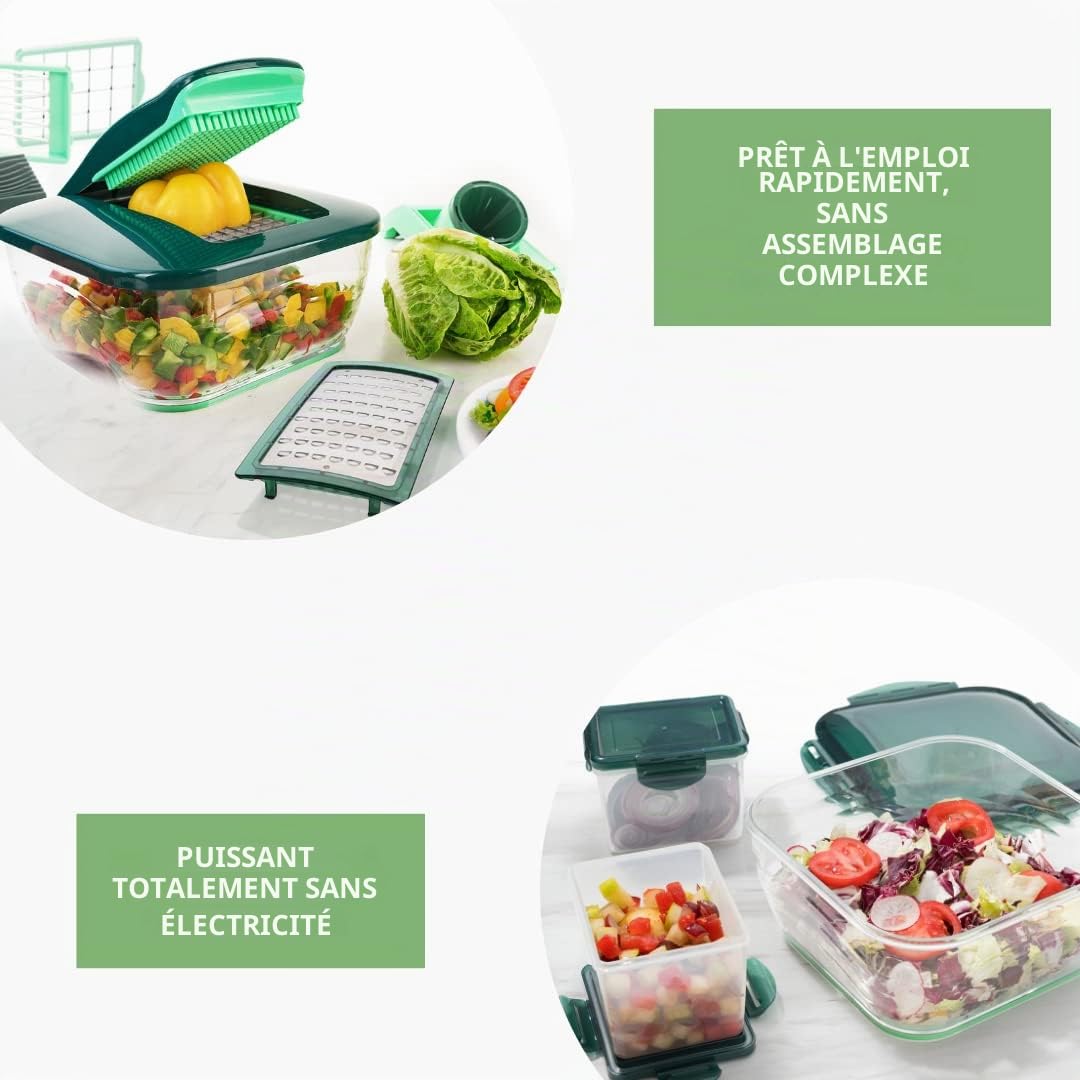 Genius Mandoline Nicer Dicer Chef 18 en 1 Multifunction Professionelle - Coupe-légumes avec bol en verre et coupe-tomates légumes | dés, bâtonnets, tranches, spirales, julienne