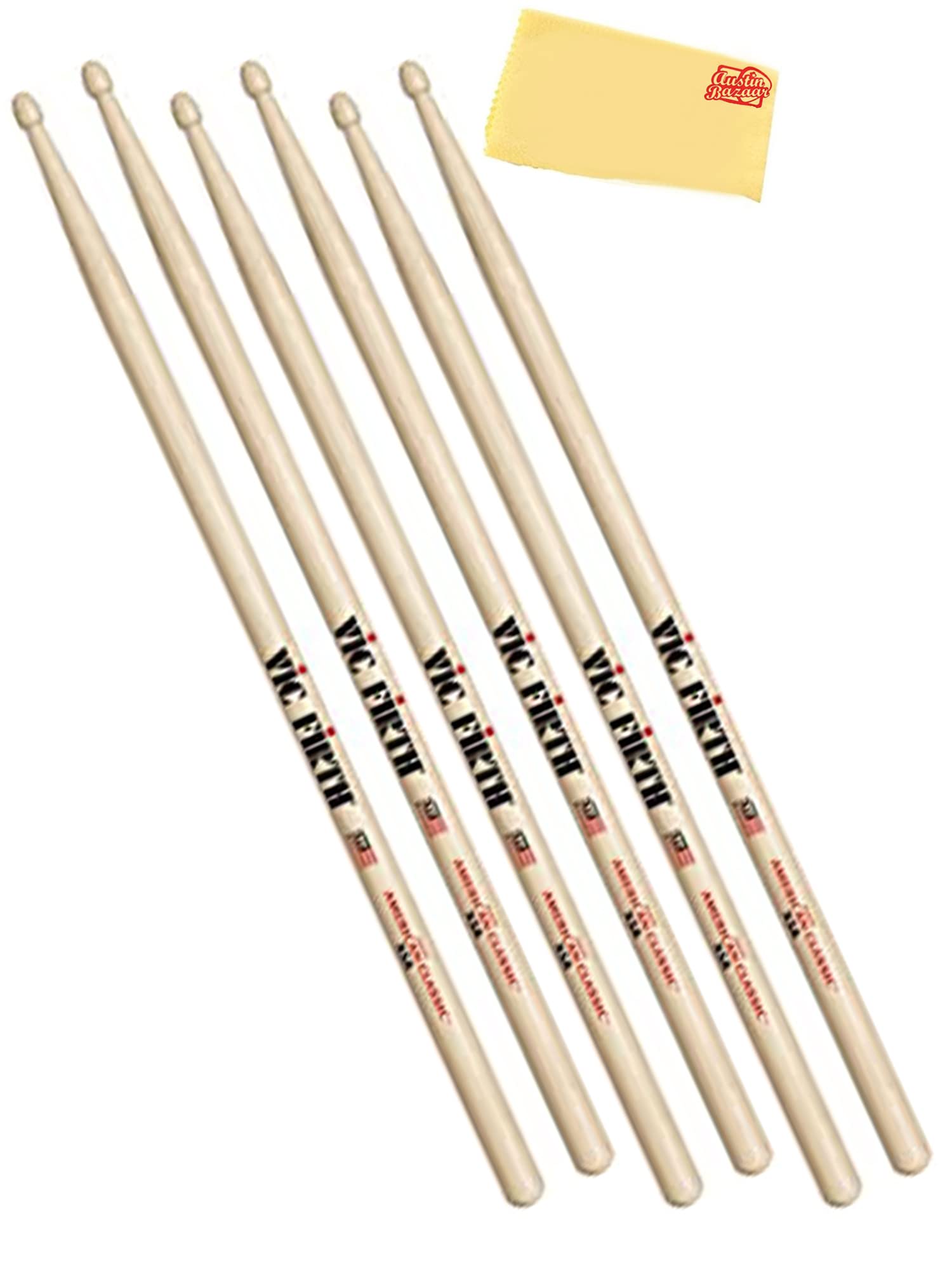 Vic Firth American Classic Drumsticks Extreme 5A - 3-Pack Bundle with Austin Bazaar Polishing Cloth