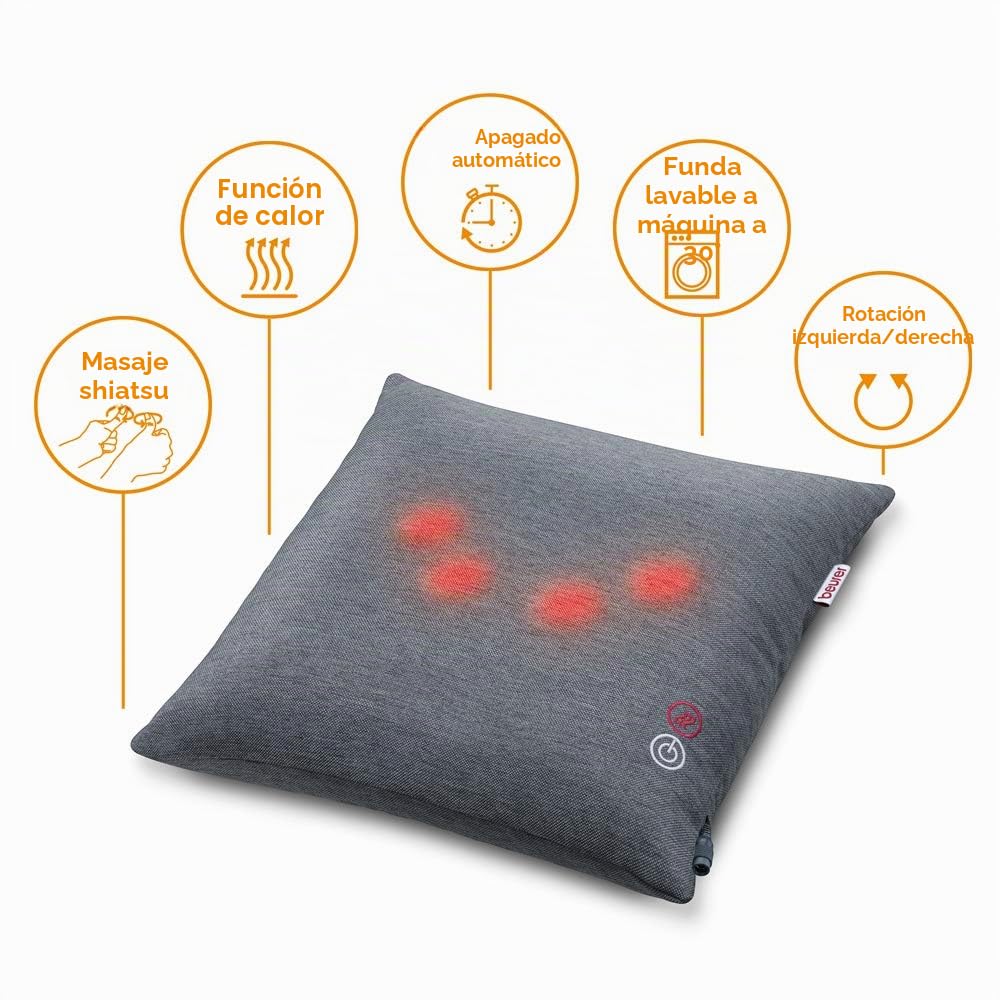 Beurer MG135 - Almohada de masaje Shiatsu con función luz y calor, para nuca, espalda y piernas, 4 cabezales masaje rotatorio, funda lavable, funda 40 x 40 cm, gris