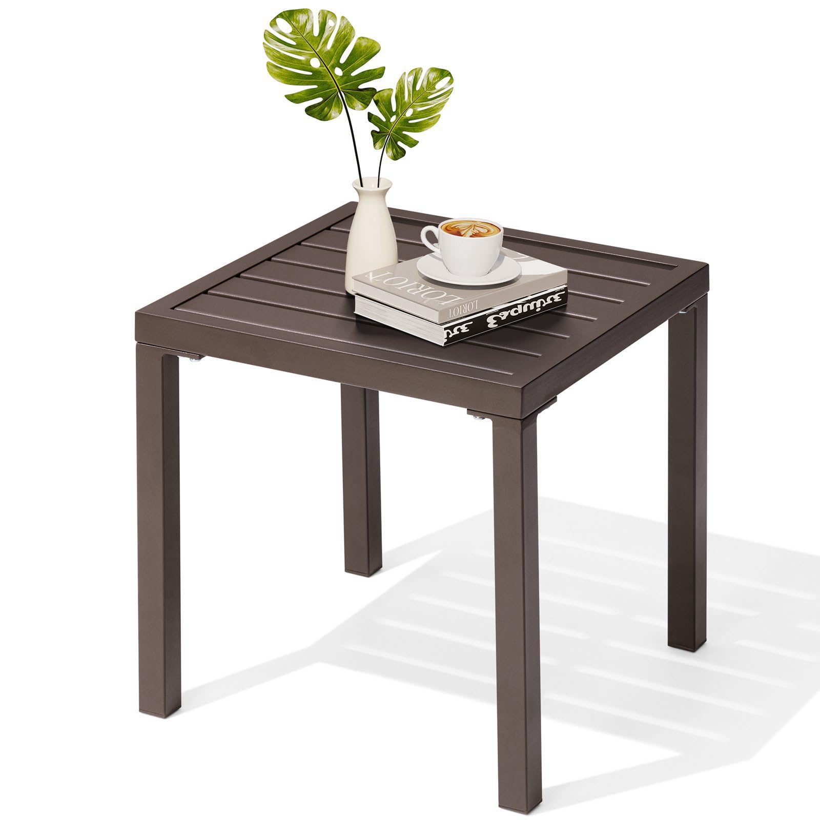 Crestlive Products Outdoor Side Table, Small Square Metal End Table Easy Assembly & Weather Resistant Pool Side Tables for Patio Balcony（Brown