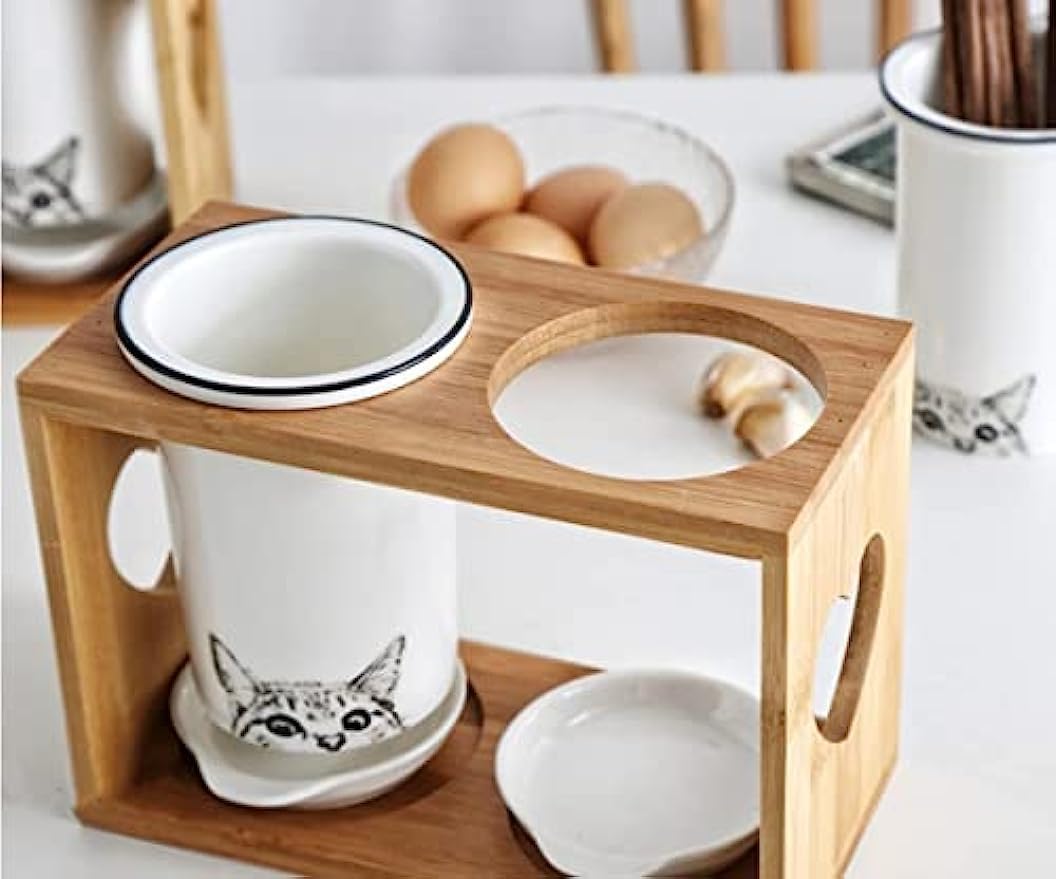 箸立て 北欧風 2 分割 陶器 + 天然木製 水切り 多用途カトラリーホルダー 猫デザイン キッチン/ダイニング ペン立て兼用 省ス