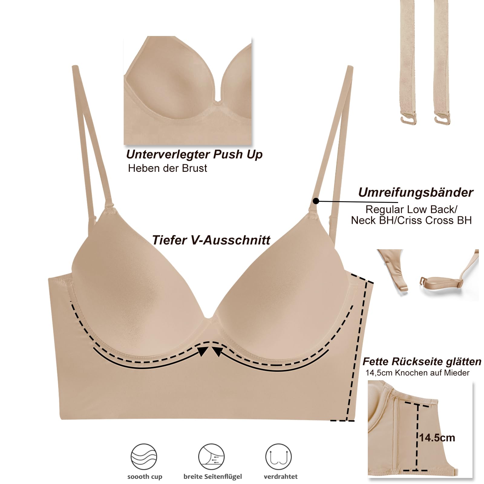 BH mit niedrigem Rücken für Frauen - Push-Up, tiefer V-Ausschnitt, Multiway-Träger, wandelbarer BH mit Draht-Hebe-Effekt