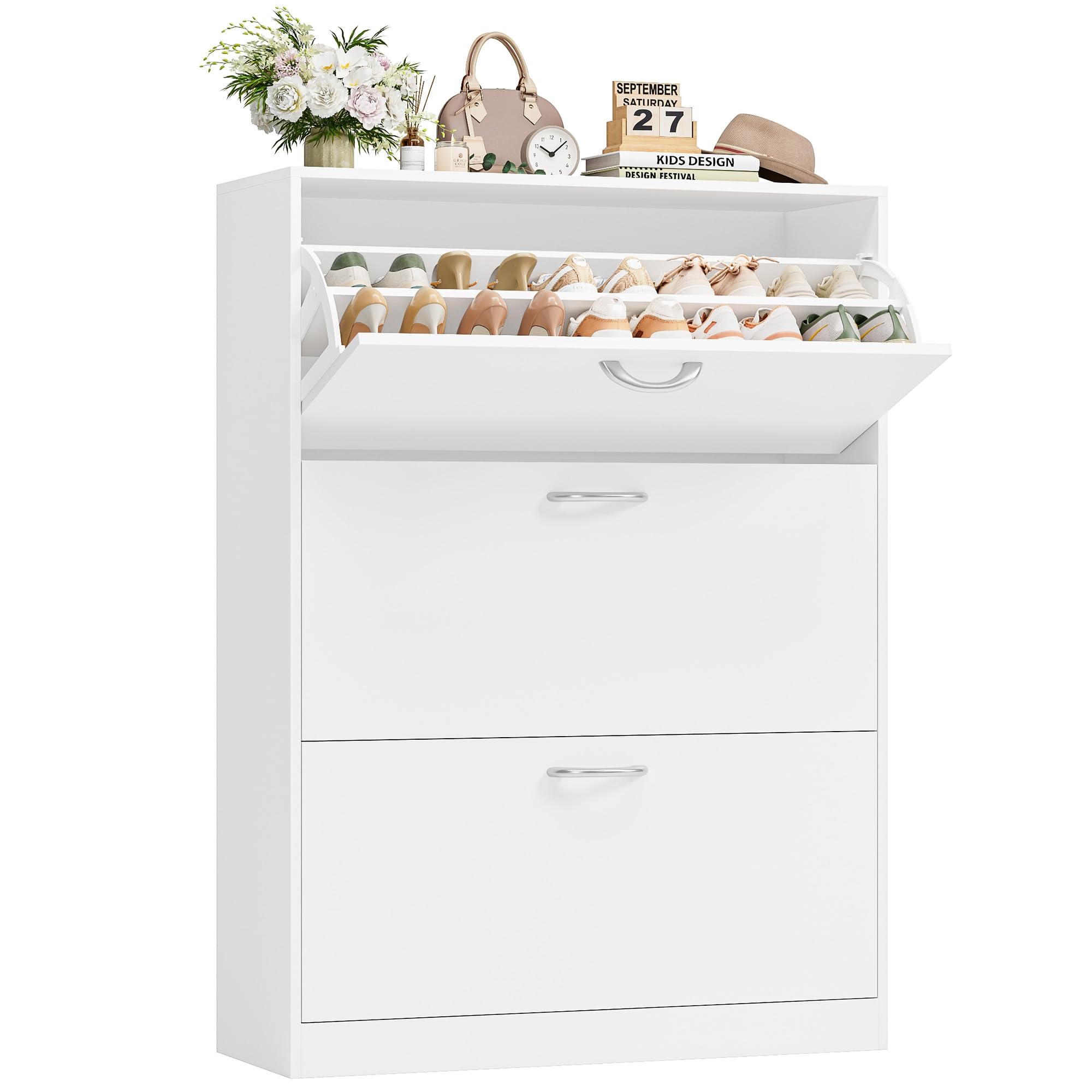 FirFurd 108cm Meuble Chaussure Entree avec 3 tiroirs Rabattables Blanc